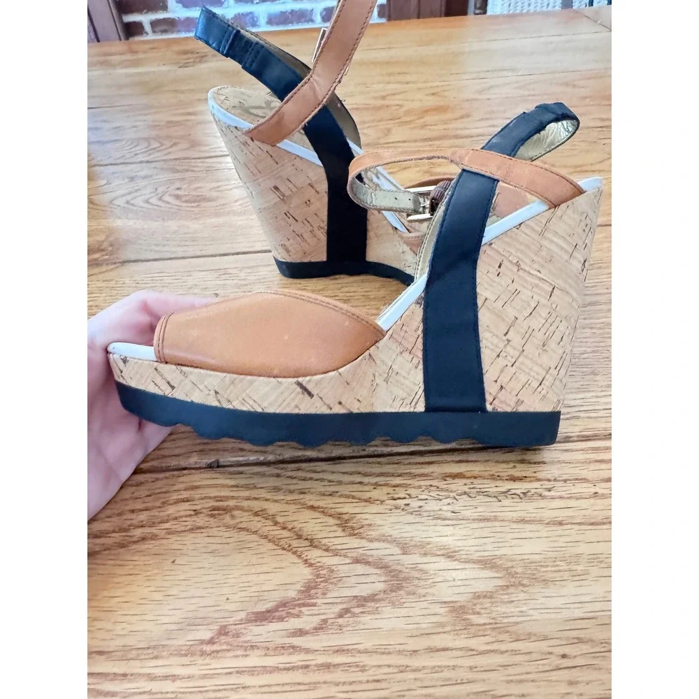 Sam Edelman Womens Tan Black Cork Wedge Platform Sandals Size 8 Lug Sole